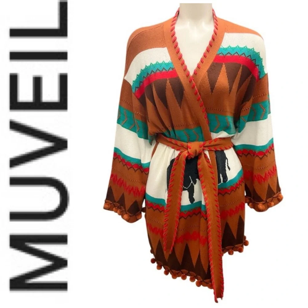 NWOT MUVEIL Western Brown multi Belted Cardigan 38 - Picture 2 of 15